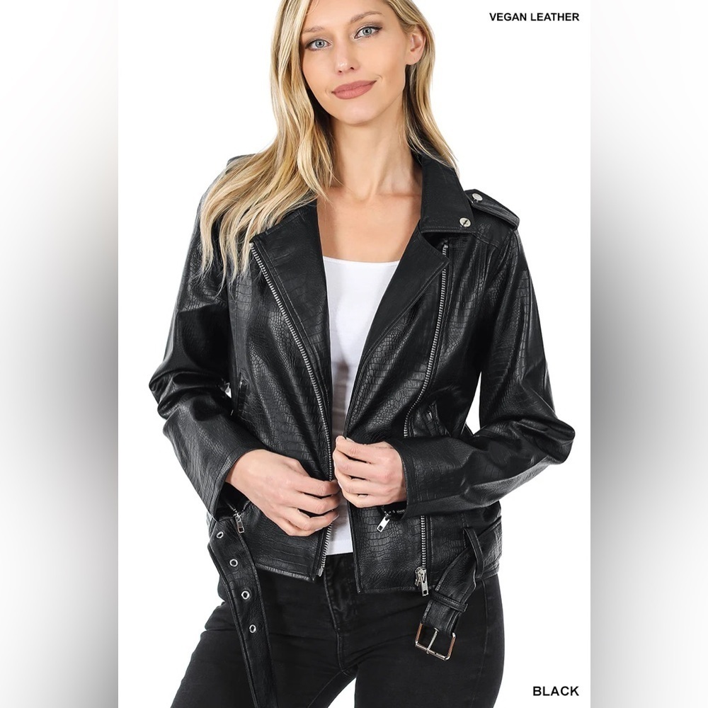 Vegan Leather Snake Embossed Belted Moto Jacket